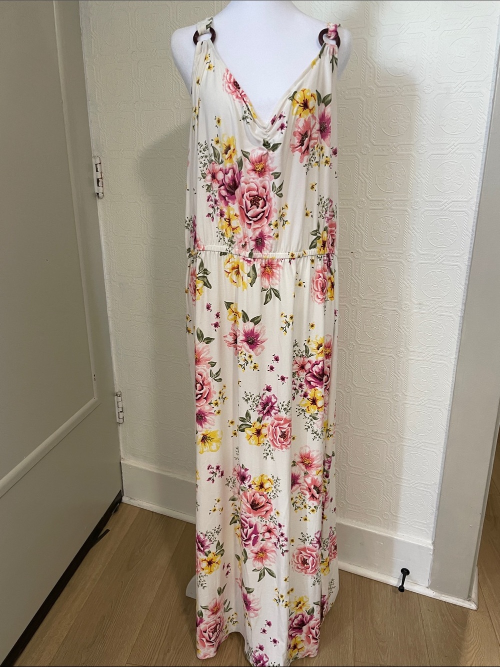 Derek Heart Cream Maxi Dress with Pink & Yellow Floral Print